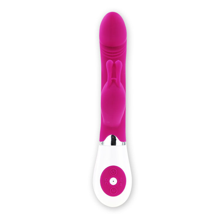Un vibrador de conejo rosa y blanco sobre un fondo blanco.