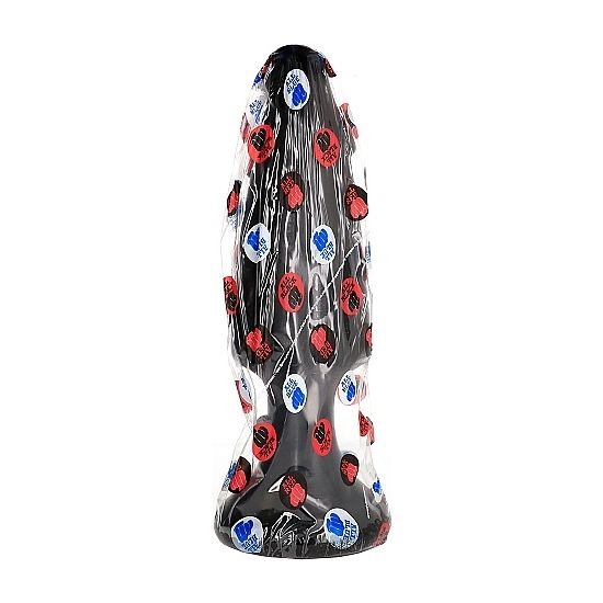 Un juguete de enchufe negro envuelto en plástico transparente con logotipos rojos y azules sobre fondo blanco.