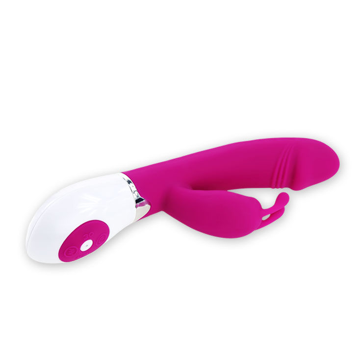 Un vibrador de silicona rosa y blanco con forma curva y dos puntos de estimulación sobre fondo blanco.