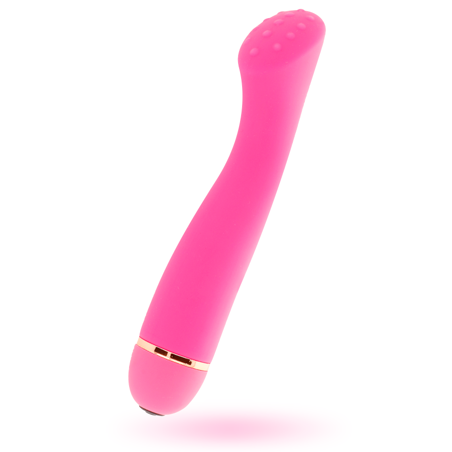 Un dispositivo de bienestar rosa y curvado con anillo dorado sobre fondo blanco.