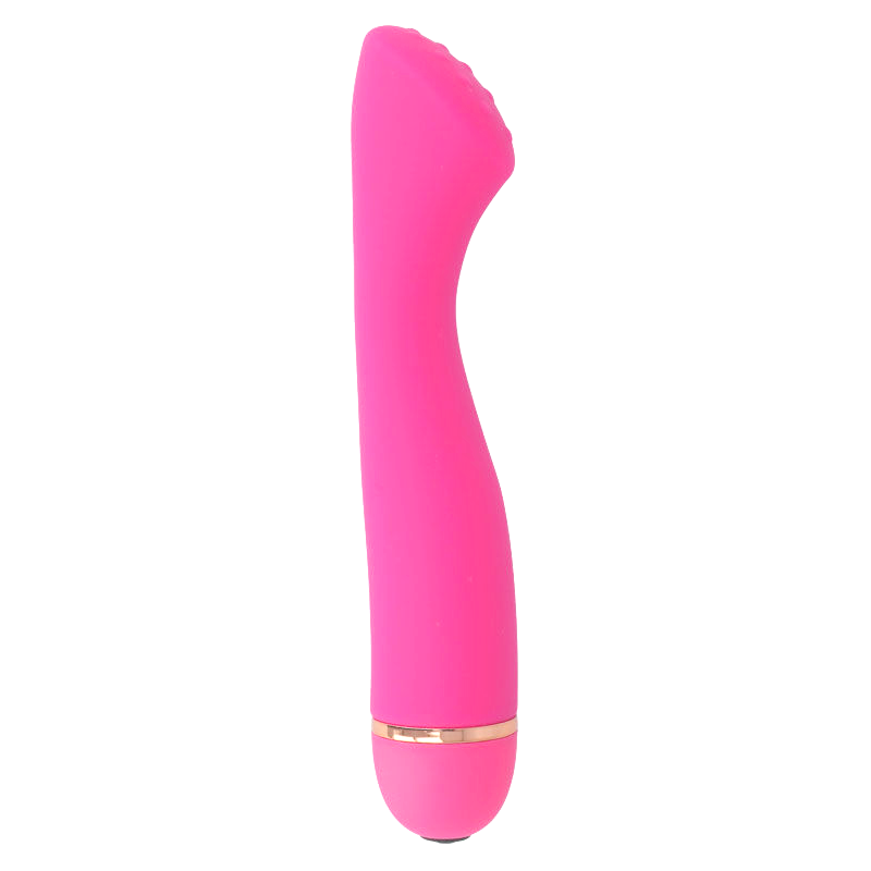 Un masajeador rosa de diseño ergonómico con un anillo dorado sobre fondo blanco.
