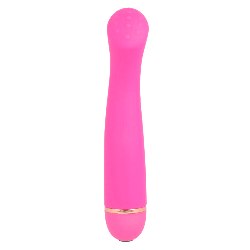 Un vibrador rosa con punta redondeada y anillo dorado sobre fondo blanco.