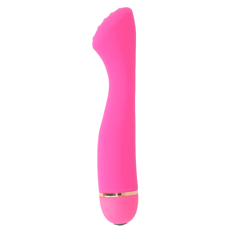 Un vibrador rosa y curvo con una línea de acento en oro rosa sobre un fondo blanco.