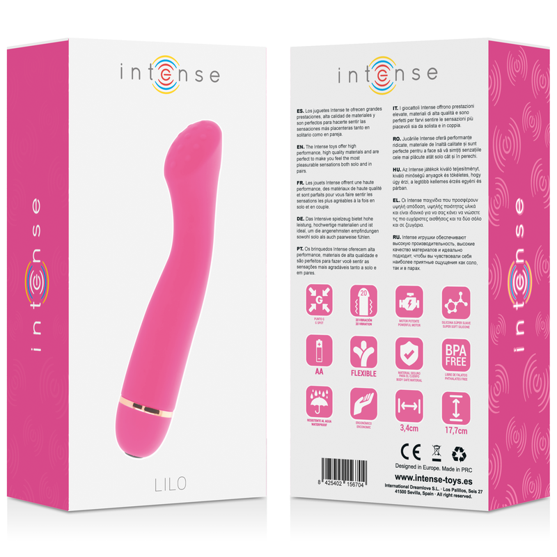 Vibrador Lilo Intense rosa curvado en un empaque blanco y rosa con información y iconos.