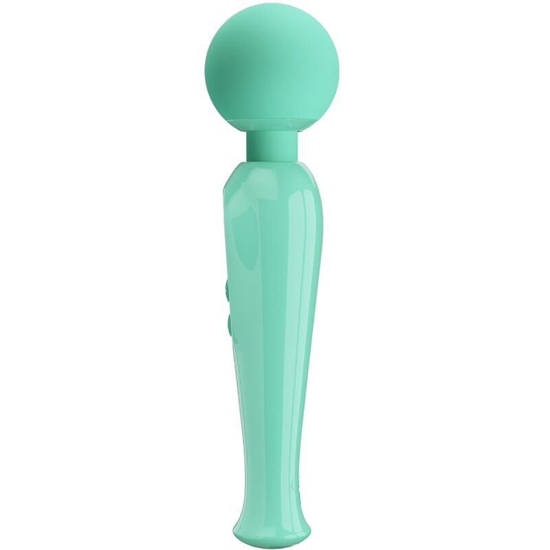 Un vibrador de varita turquesa con cabeza redonda y mango liso sobre fondo blanco.