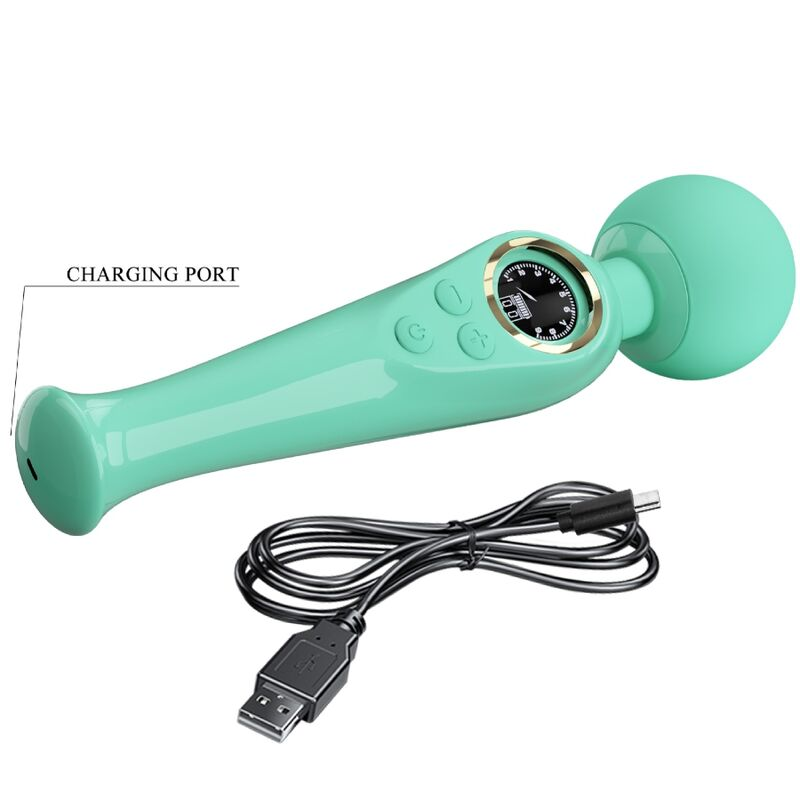 Masajeador verde con pantalla y botones, incluye un cable de carga USB negro sobre fondo blanco.
