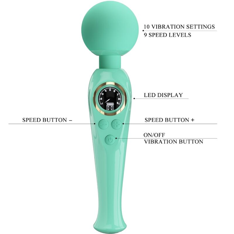 Masajeador de varita verde menta con cabeza esférica, pantalla LED y botones de control etiquetados.