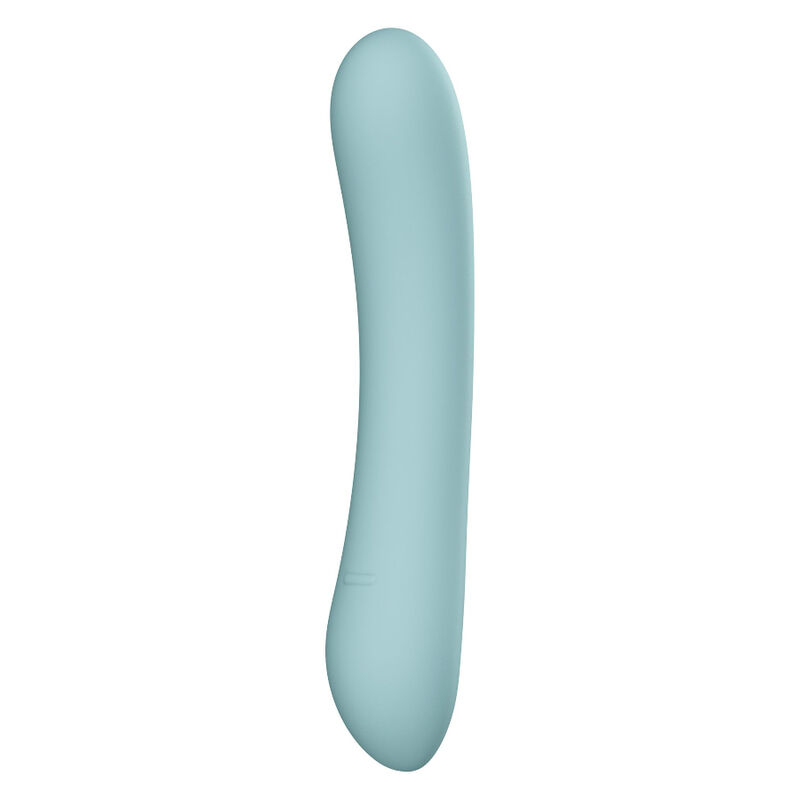 Un dispositivo de bienestar azul claro y liso con forma curvada sobre fondo blanco.