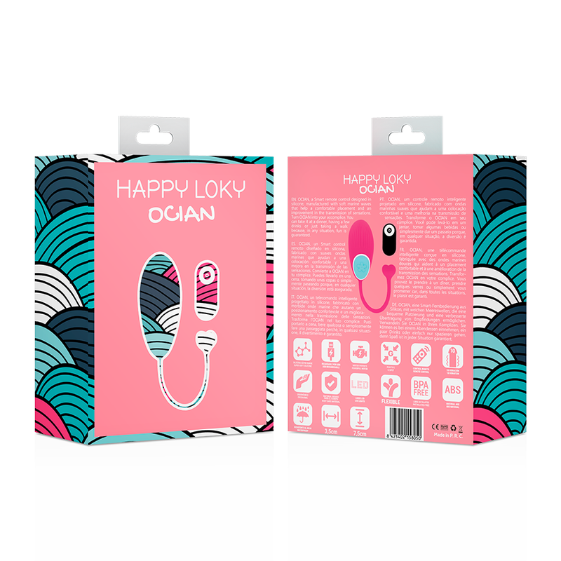 Rosa-türkisfarbene Produktverpackung für das Smart-Remote-Control-Spielzeug Happy Loky Ogian mit Mustern.