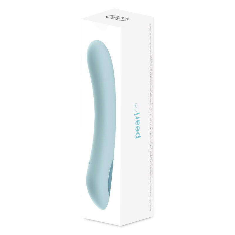 Un vibrador de silicona curvado de color azul claro se muestra verticalmente dentro de su caja.