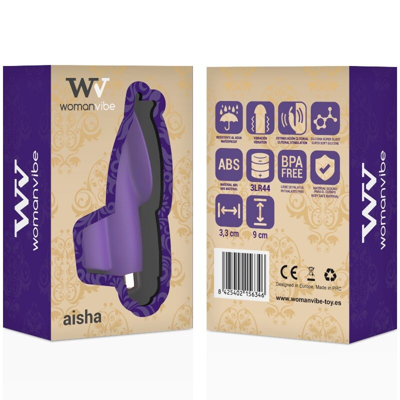 Produktverpackung für "aisha" womanvibe mit violetten und goldenen Ornamenten und Produktdetails.