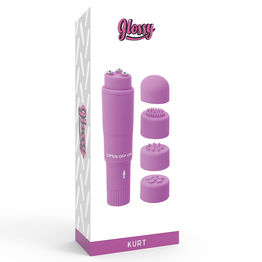 Un masajeador facial morado con cabezales intercambiables junto a su caja blanca etiquetada como Kurt.