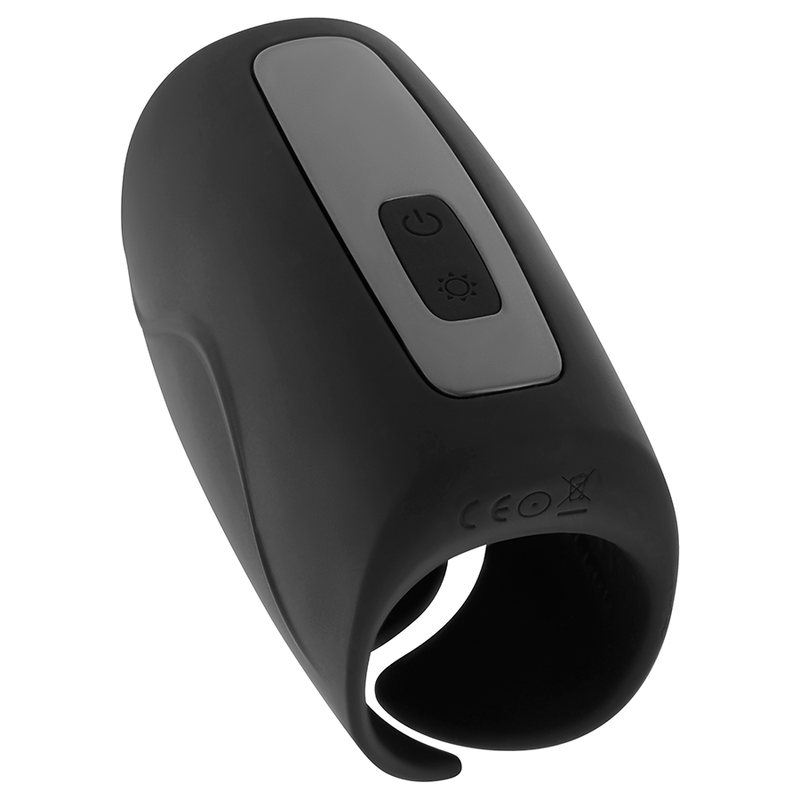 Ein schwarzes, ergonomisches Gerät mit grauer Bedienfeld und zwei Knöpfen auf weißem Hintergrund.