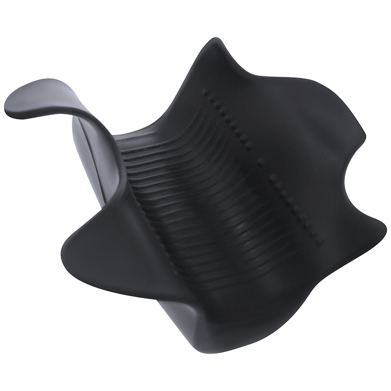 Eine schwarze, wellenförmige Löffelablage aus Silikon auf weißem Hintergrund.