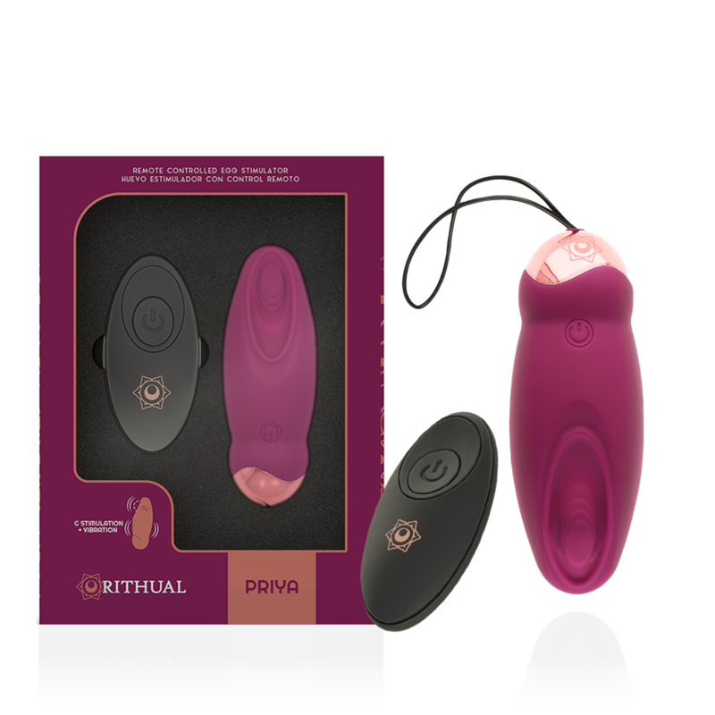 Lila Ei-Stimulator mit schwarzem Remote und violetter Verpackung.