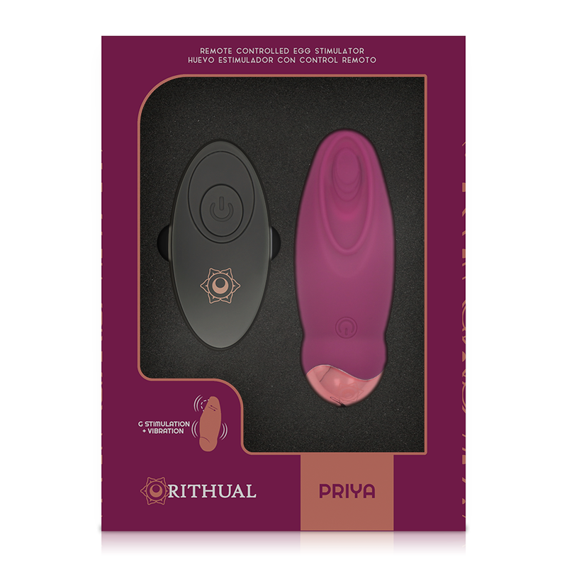 Eine lila Box zeigt ein schwarzes Remote-Gerät und einen rosa Eier-Stimulator mit Rosegold-Akzenten.