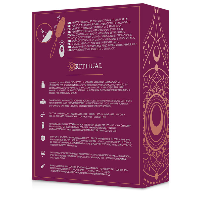 Lila Produktbox für ferngesteuertes Rithual-Ei mit mehrsprachigem Text, Symbolen und Mandalamotiv.