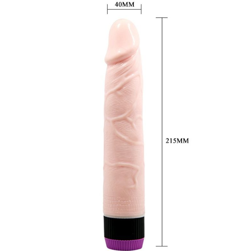 Un juguete de dildo rosa sobre un fondo blanco con medidas que muestran 40 mm de ancho y 215 mm de largo.