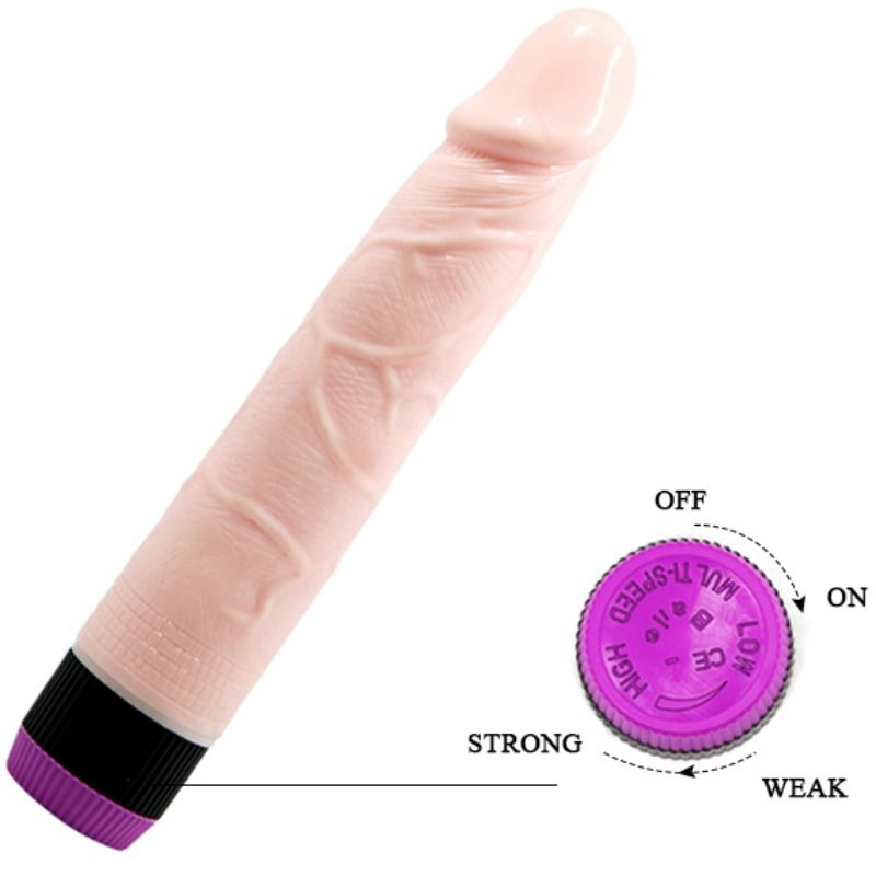 Un juguete sexual rosa con un dial de control morado y negro sobre un fondo blanco.