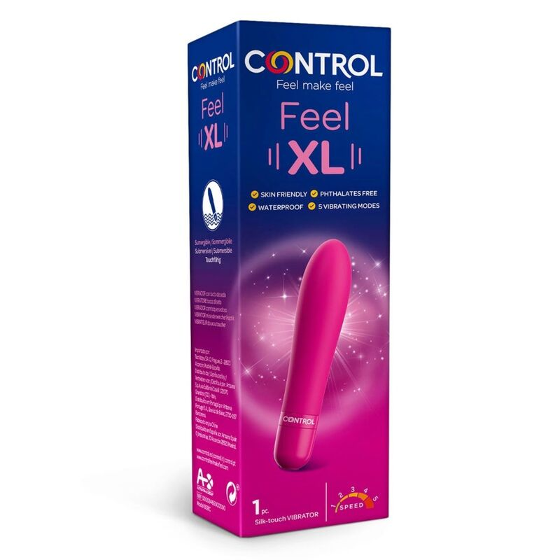 Caja azul con vibrador rosa Control Feel XL, texto blanco y fondo brillante.