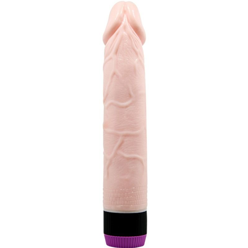 Un dildo fálico, rosa claro y realista con venas detalladas, base negra y tapa morada sobre fondo blanco.