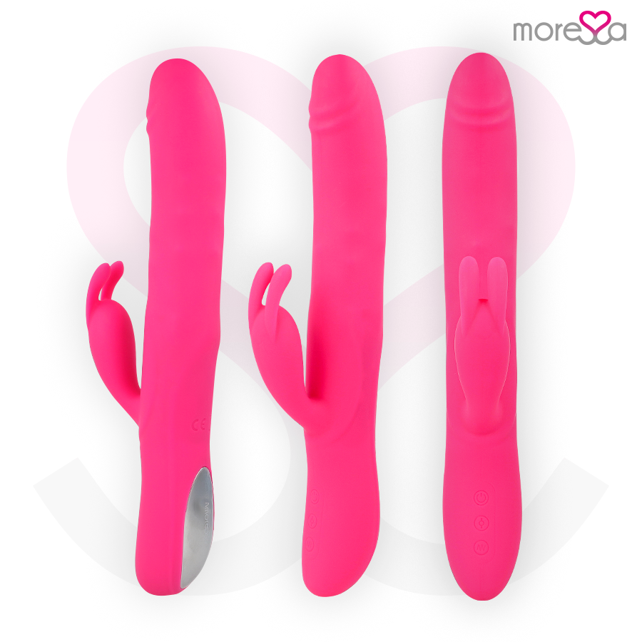 Drei Ansichten eines leuchtend pinkfarbenen Silikon-Vibrators vor hellem Hintergrund mit Markenlogo.