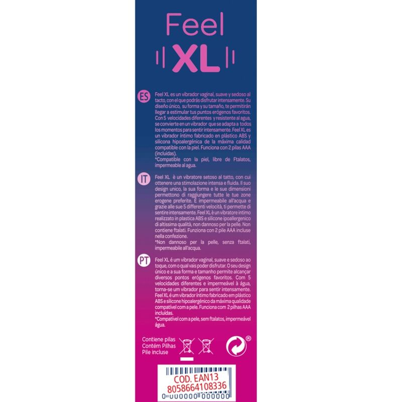 Parte trasera del envase de 'Feel XL' con descripciones en español, italiano y portugués, y un código de barras.