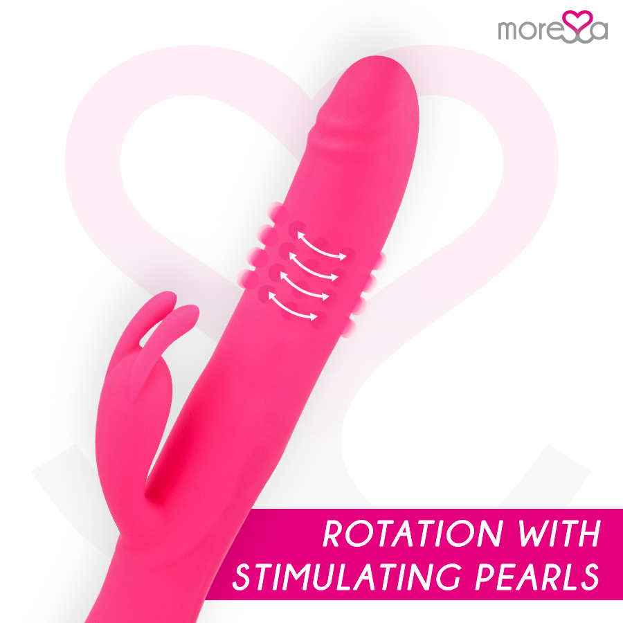 Ein pinker Vibrator mit rotierenden Perlen vor weißem Hintergrund.