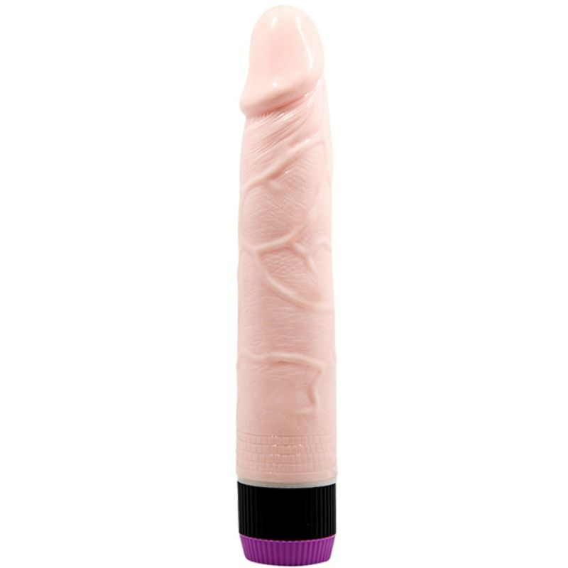 Un dildo de juguete sexual realista y rosado con venas visibles y base negra sobre fondo blanco.