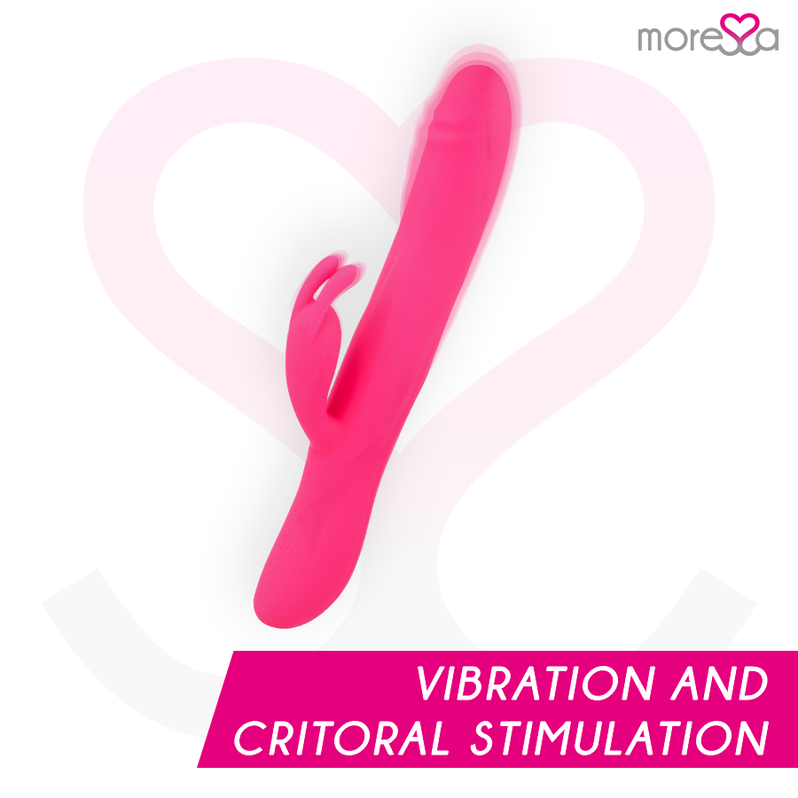Ein pinkes Vibrations-Sexspielzeug mit Kaninchenohr-Details vor einem großen rosa Herz.
