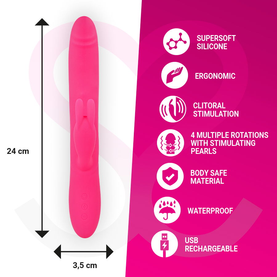 Rosa Kaninchen-Vibrator mit 24 cm Höhe, 3,5 cm Breite und aufgelisteten Funktionen auf magentafarbenem Hintergrund.