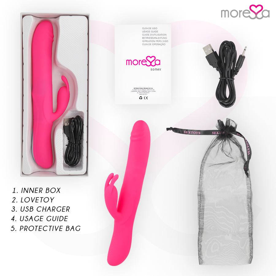 Pinker Vibrator, Ladekabel, Anleitungsheft und Beutel.