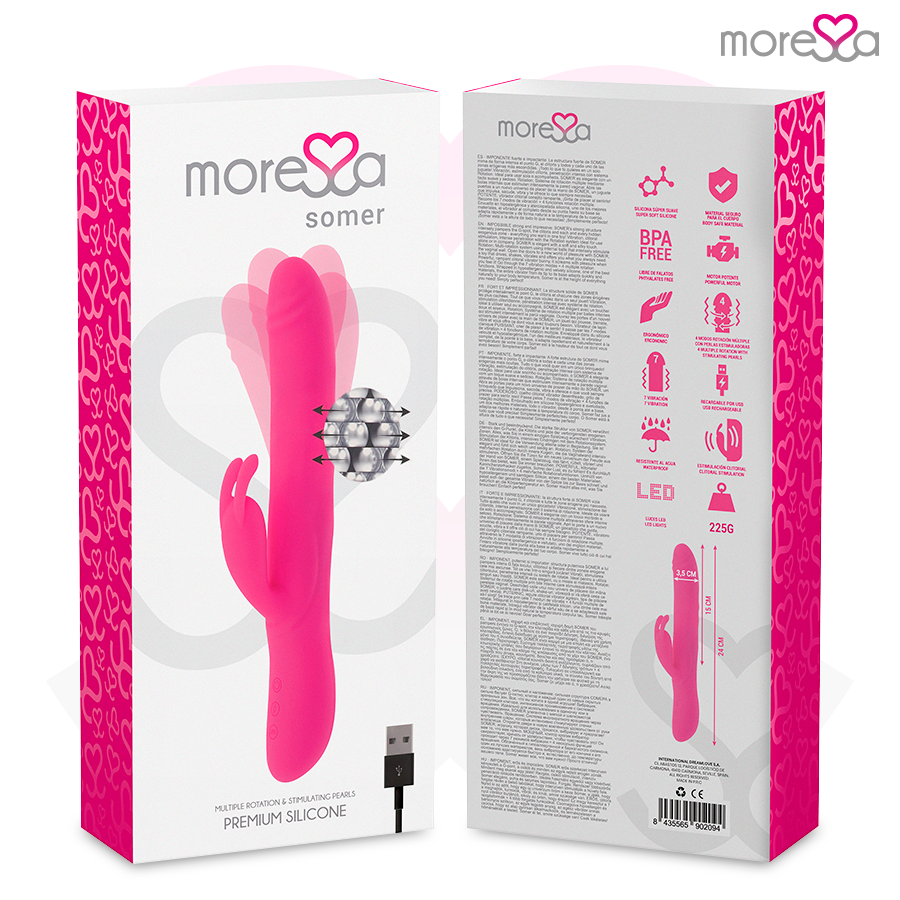 Rosa Silikon-Vibrator in weißer Produktverpackung mit Text und Symbolen.