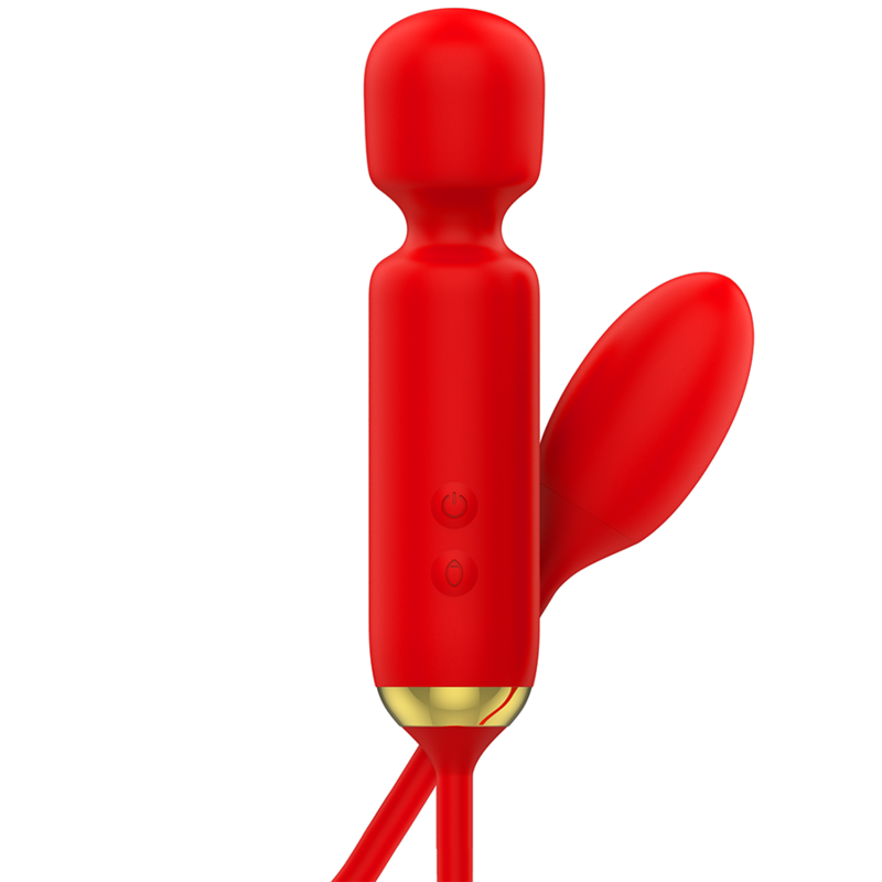 Un juguete para adultos rojo con formas redondeadas y detalles dorados sobre fondo blanco.