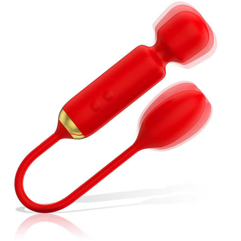 Un vibrador rojo con doble cabeza y desenfoque de movimiento sobre fondo blanco.