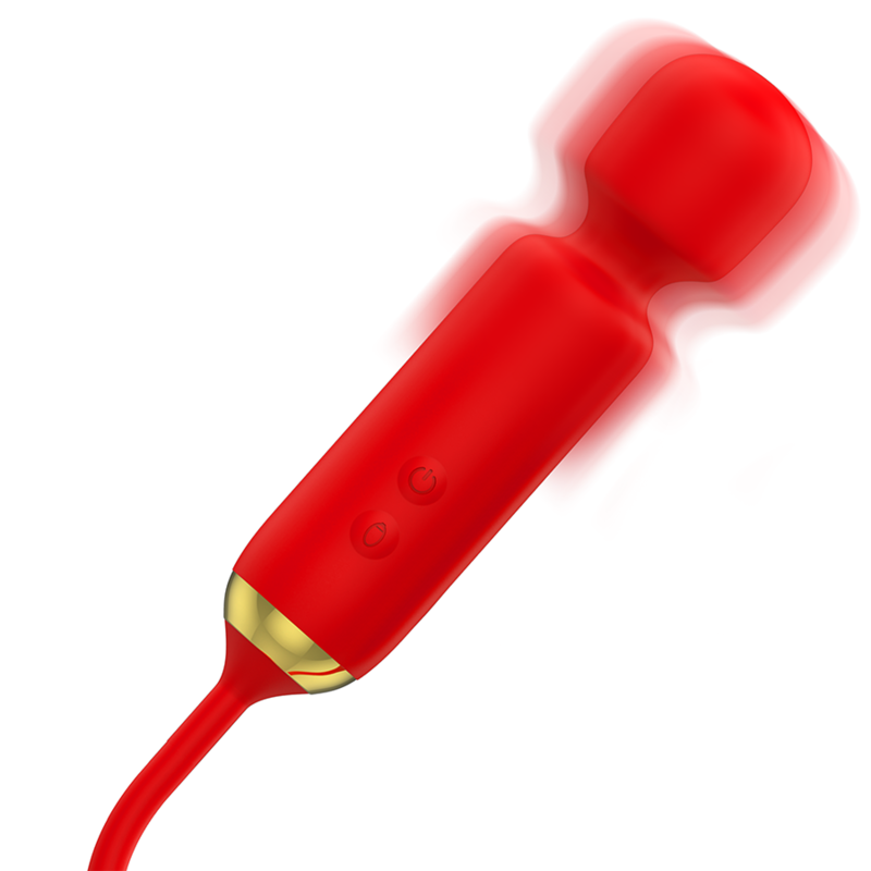Un dispositivo de bienestar vibratorio rojo con un detalle dorado sobre un fondo blanco.