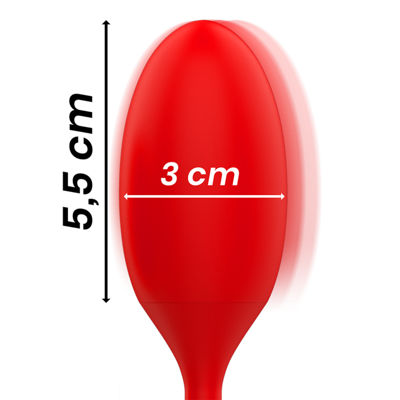 Objeto ovalado rojo con dimensiones de 5,5 cm de alto y 3 cm de ancho sobre fondo blanco.