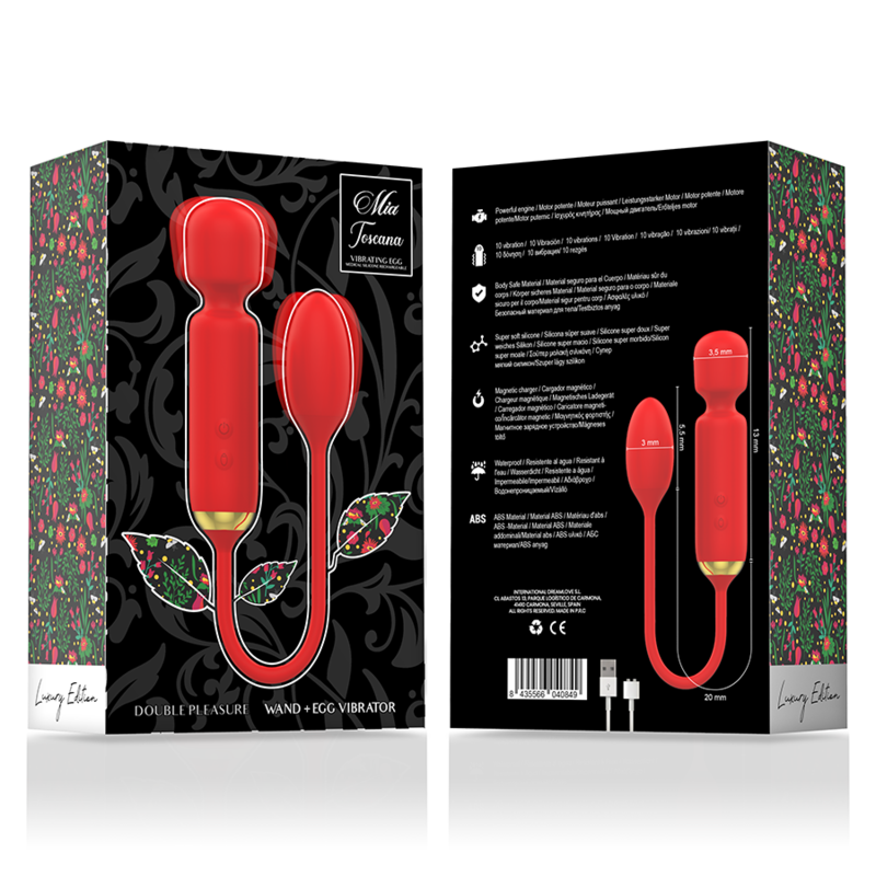 Empaque de producto para un vibrador de varita y huevo rojo Mia Toscana con patrones florales.