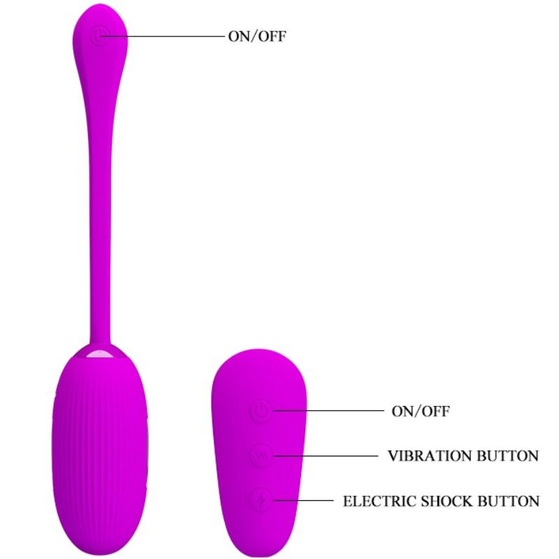 Juguete vibratorio morado con control remoto, con botones etiquetados sobre un fondo blanco.