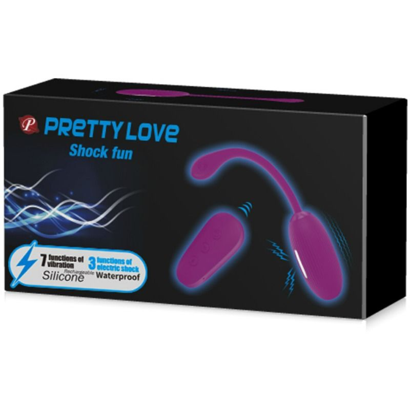 Una caja negra con el producto "Pretty Love Shock Fun", que incluye un masajeador morado y control remoto.