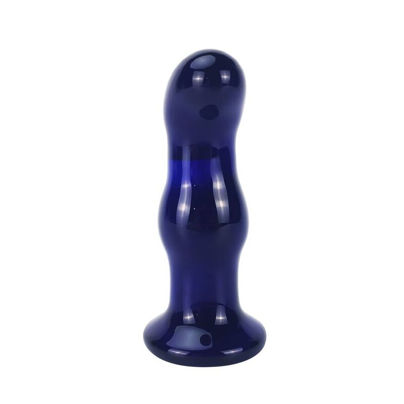 Un dildo de vidrio azul oscuro brillante con diseño curvo sobre fondo blanco.