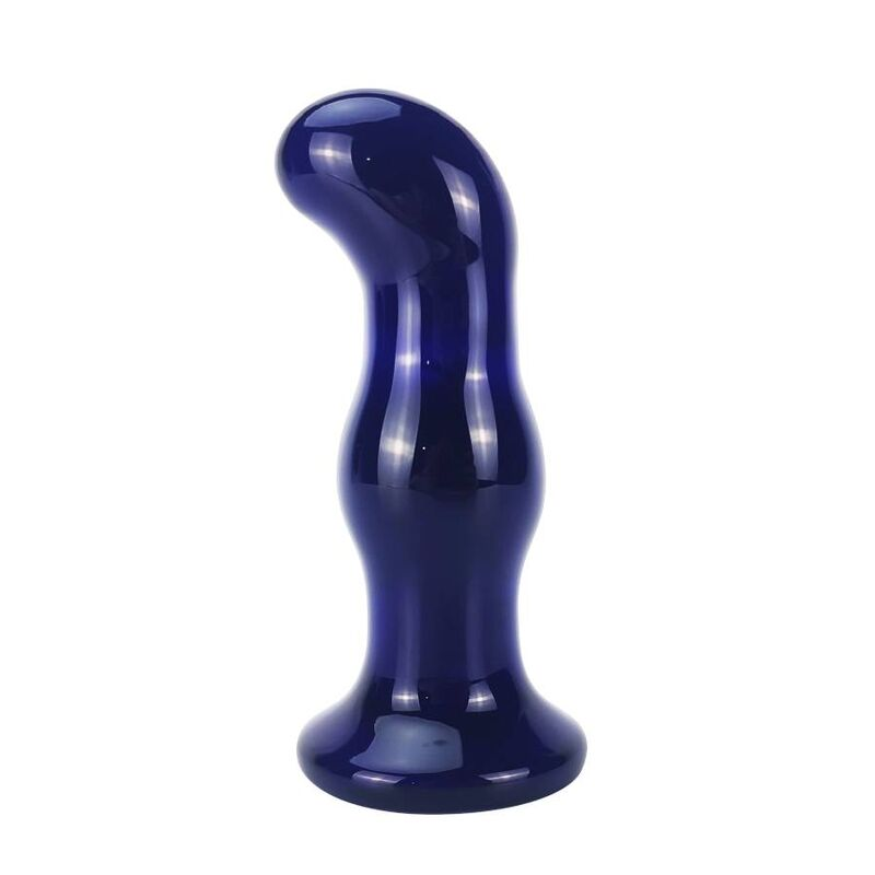 Un tapón anal de vidrio azul oscuro brillante con forma curva sobre fondo blanco.