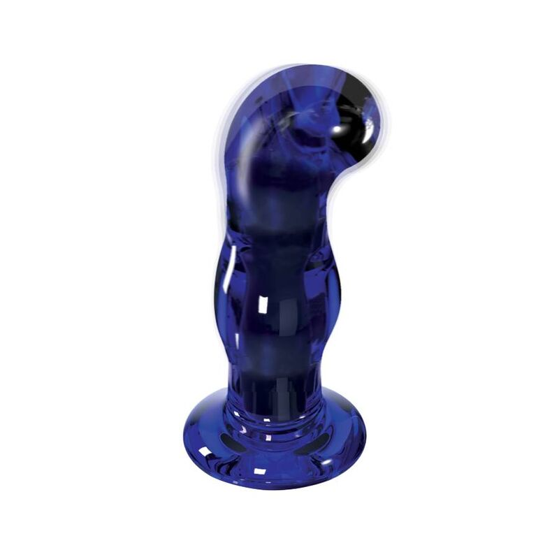 Un juguete para adultos de vidrio azul oscuro con forma curvada y base ancha y plana sobre fondo blanco.
