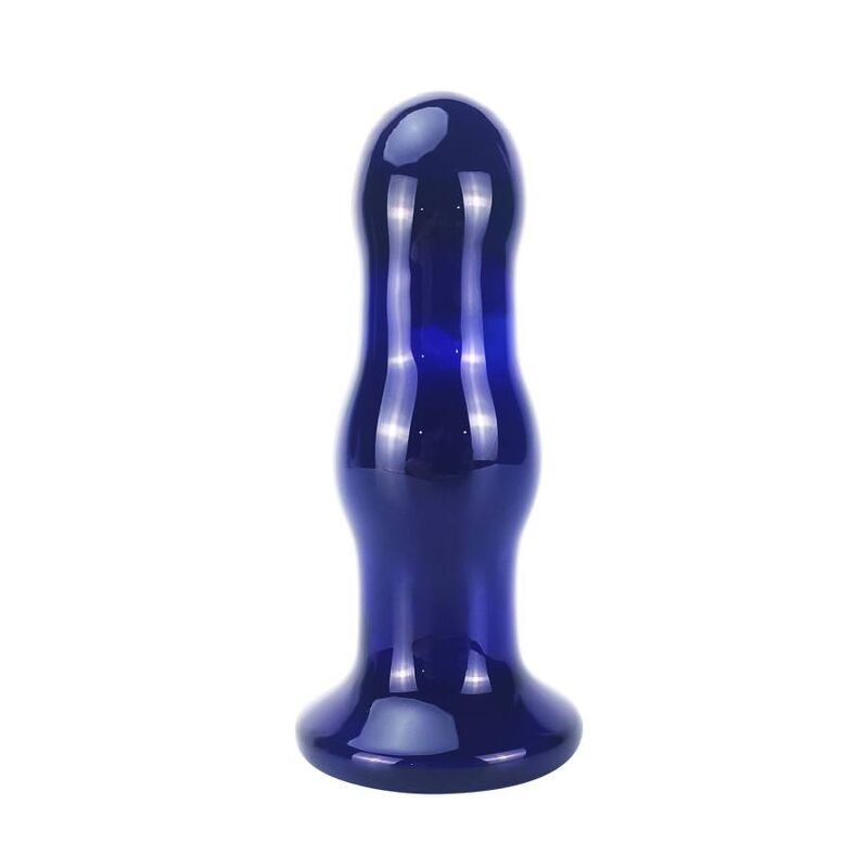 Un objeto de vidrio azul oscuro brillante con bordes curvos y una base redonda.