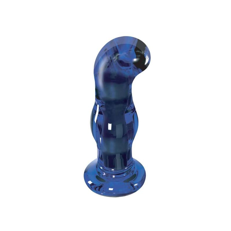 Un objeto de vidrio azul curvado con una punta redondeada y una base ancha y estable sobre fondo blanco.