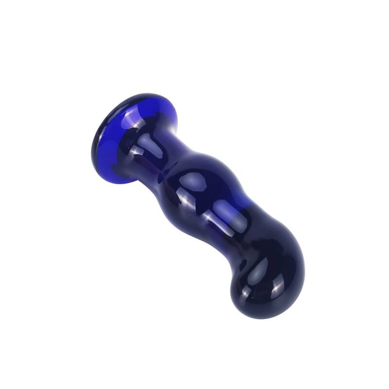 Una varilla de vidrio azul oscuro brillante con forma ondulada y base ancha sobre fondo blanco.