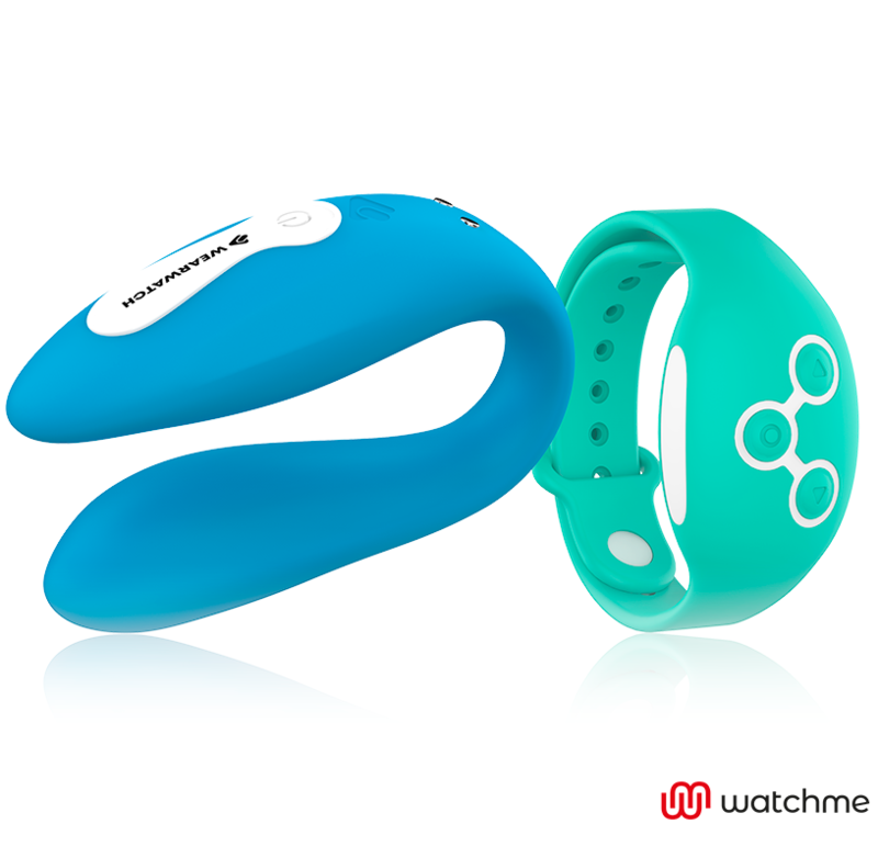 Wearwatch azul en forma de U y pulsera turquesa sobre fondo blanco.