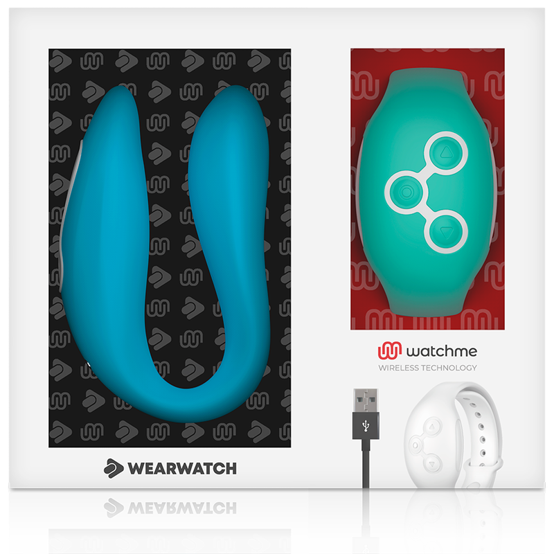Empaque de un set Wearwatch con un vibrador azul, unidad de control y cable USB.