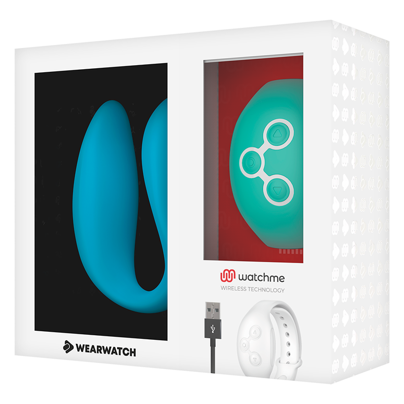 Empaque de producto Wearwatch Wireless Technology que muestra un dispositivo azul, reloj y cable USB.
