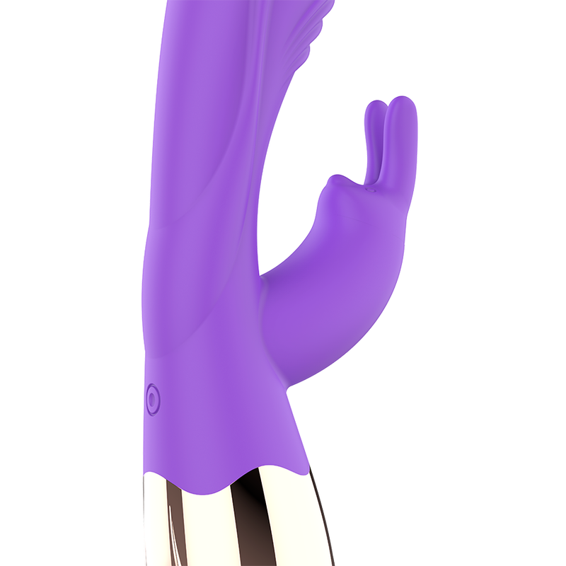 Un producto de bienestar morado con una base dorada brillante sobre fondo blanco.
